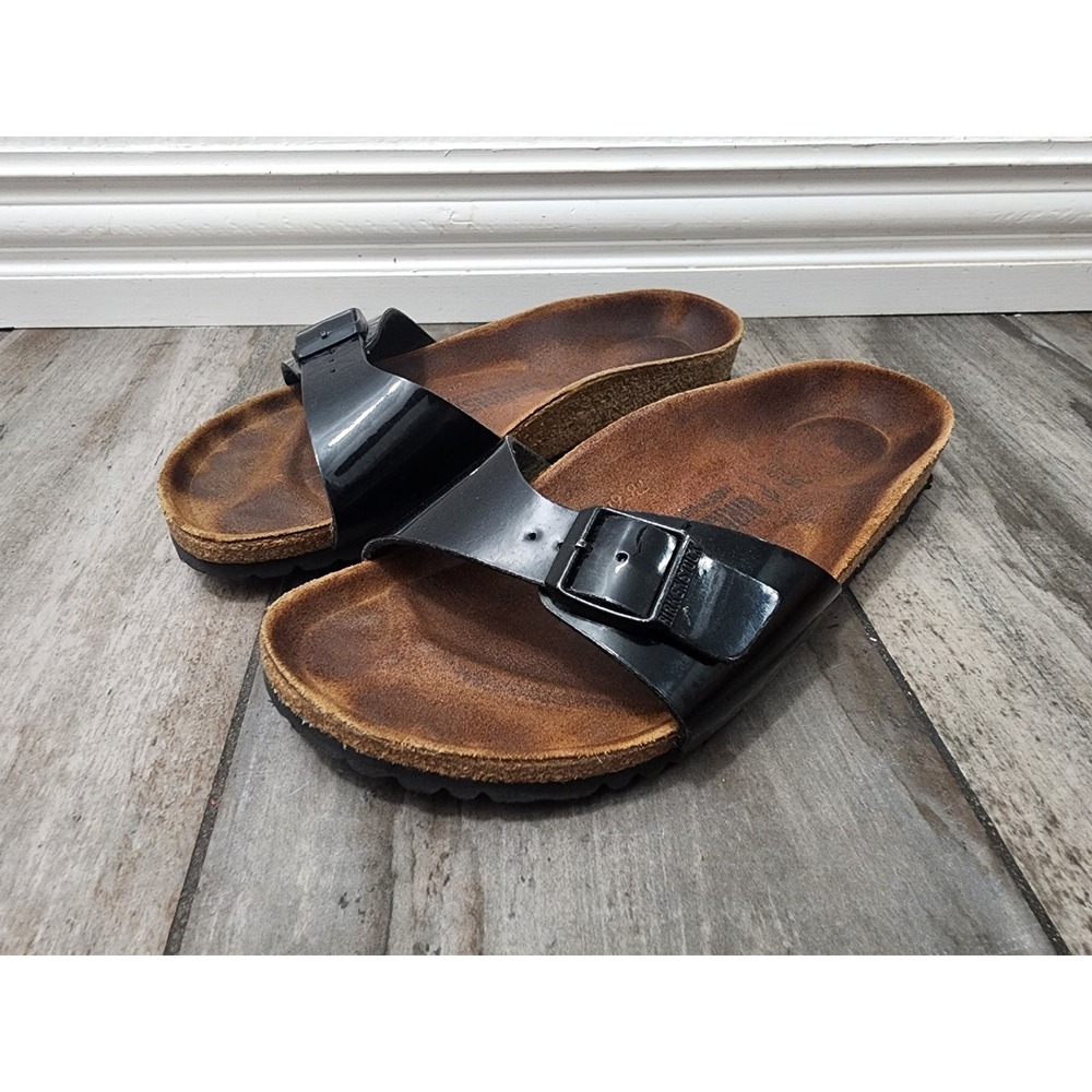 Birkenstock Madrid Black Patent Leather Sandals Shoes Sz 7